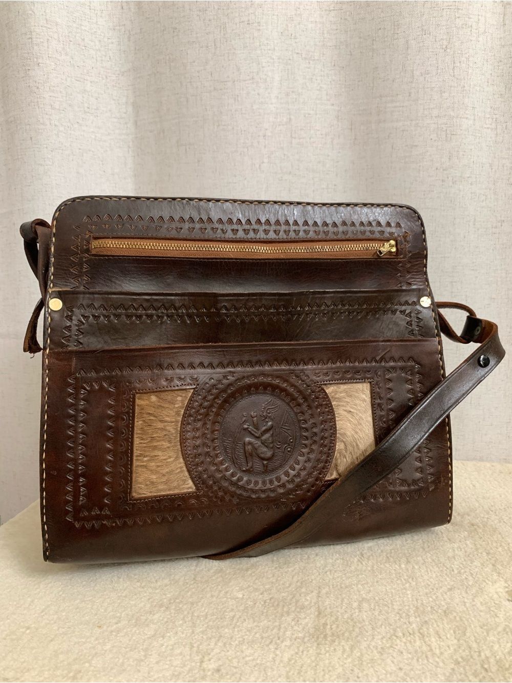 Handtooled Dark Brown Leather Satchel with Embossed Medallion Calf hair Panels